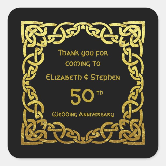 50th Wedding Anniversary Black & Gold Celtic Knot  Square Sticker (Front)