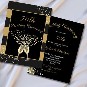 50th Wedding Anniversary Black Gold Chic Elegant Invitation