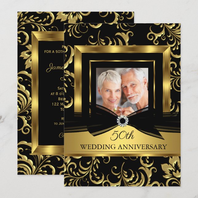 50th Wedding Anniversary Black Gold Damask Photo Invitation (Front/Back)