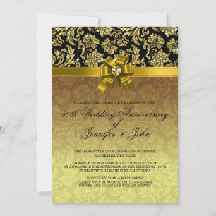 50th Wedding Anniversary Black & Gold Damasks 2 Invitation