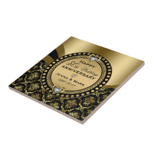 50th Wedding Anniversary Black & Gold Damasks Tile