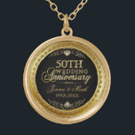 50th Wedding Anniversary Black Gold & Diamonds Gold Plated Necklace<br><div class="desc">Elegant 50th wedding anniversary gold and diamonds glitter print over black background. Gold tones round circle frame. Customisable names and years.</div>
