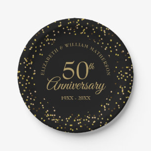 50th Wedding Anniversary Black Gold Dust Confetti Paper Plate