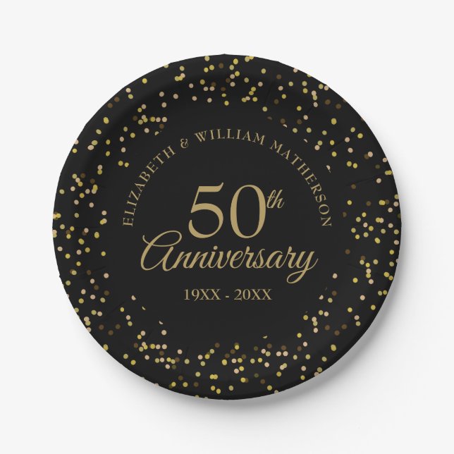 50th Wedding Anniversary Black Gold Dust Confetti Paper Plate (Front)