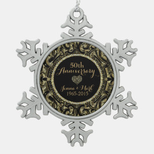 50th Wedding Anniversary Black & Gold Floral Snowflake Pewter Christmas Ornament