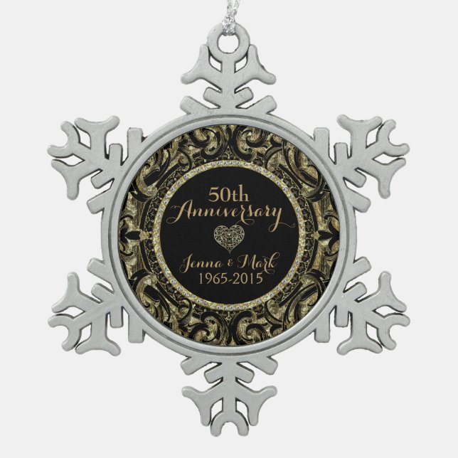 50th Wedding Anniversary Black & Gold Floral Snowflake Pewter Christmas Ornament (Front)