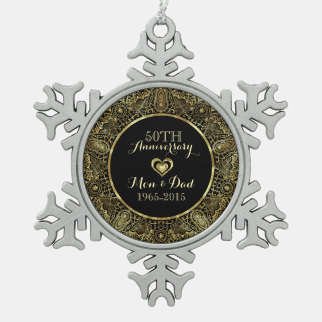 50th Wedding Anniversary-Black & Gold Floral Snowflake Pewter Christmas Ornament (Front)