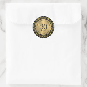 50th Wedding Anniversary Black Gold Frame Classic Round Sticker