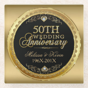 50th Wedding Anniversary Black & Gold Glass Coaster