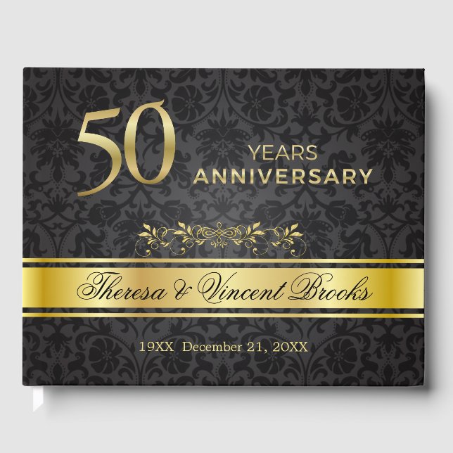 50th Wedding Anniversary Black Gold Guest Book (Front)