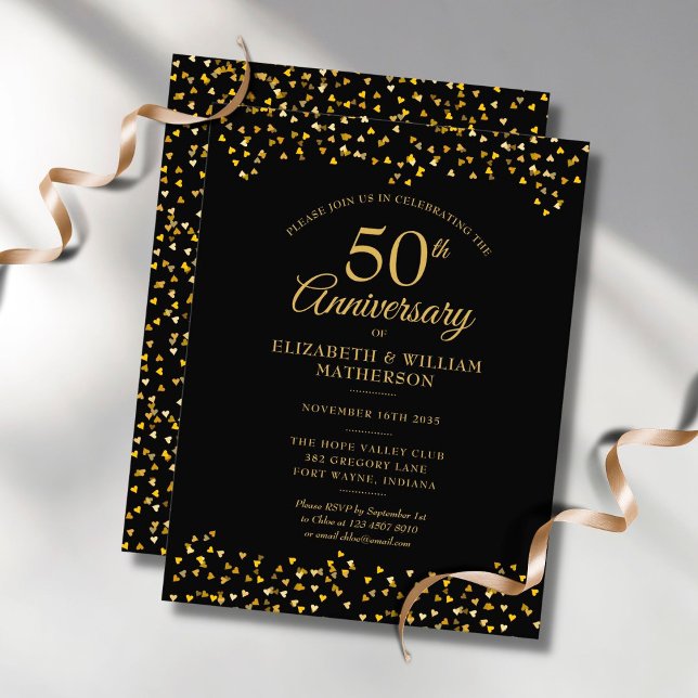 50th Wedding Anniversary Black Gold Hearts  Invitation Postcard (Creator Uploaded)
