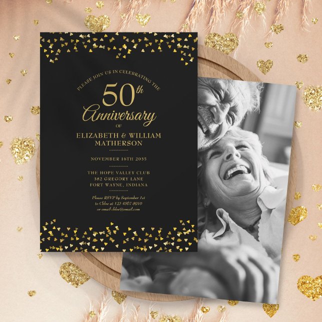 50th Wedding Anniversary Black Gold Hearts Photo Invitation (Creator Uploaded)