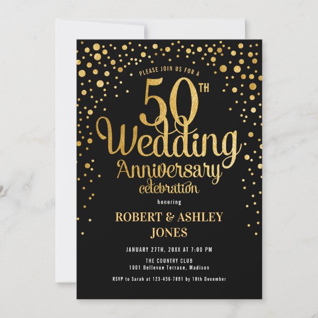 50th Wedding Anniversary - Black & Gold Invitation (Front)