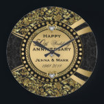 50th Wedding Anniversary Black & Gold Large Clock<br><div class="desc">Elegant gold 50th wedding anniversary commemorative plate with black and gold damasks pattern with ornate circle frame and 3 white diamonds hearts. All wedding anniversary colours in this design, can be requested. If you need any help customising, changing colour, or anything else to any of my designs, contact ArtOnWear designer....</div>