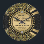 50th Wedding Anniversary Black & Gold Large Clock<br><div class="desc">Elegant gold 50th wedding anniversary commemorative plate with black and gold damasks pattern with ornate circle frame and 3 white diamonds hearts. All wedding anniversary colours in this design, can be requested. If you need any help customising, changing colour, or anything else to any of my designs, contact ArtOnWear designer....</div>