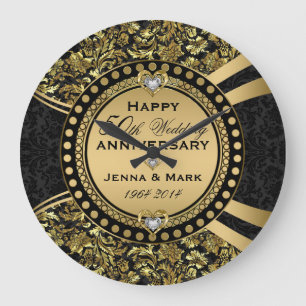 50th Wedding Anniversary Black & Gold Large Clock