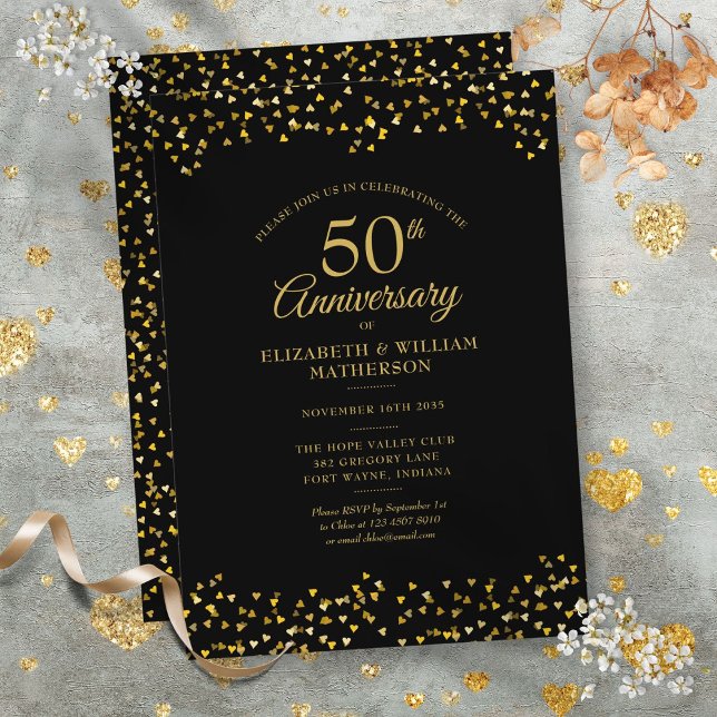 50th Wedding Anniversary Black Gold Love Hearts  Invitation (50th Wedding Anniversary Black Gold Love Hearts Invitation)