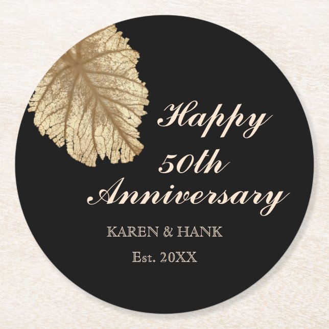 50th Wedding Anniversary Black Gold Personalised Round Paper Coaster (Front)
