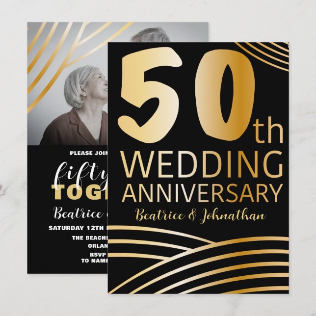50th Wedding Anniversary Black & Gold Photo Invitation (Front/Back)