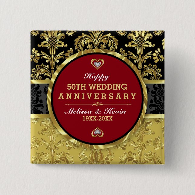 50th Wedding Anniversary Black Gold & Red 15 Cm Square Badge (Front)