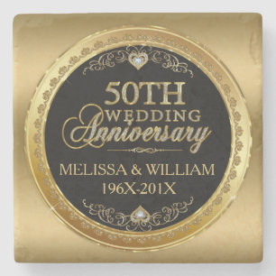 50th Wedding Anniversary Black & Gold Stone Coaster