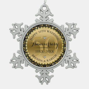 50th wedding anniversary black & gold swirly frame snowflake pewter christmas ornament