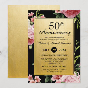 50th Wedding Anniversary Black Gold Vintage Floral Invitation