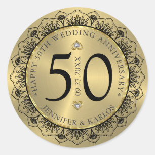 50th wedding anniversary black lace & gold classic round sticker