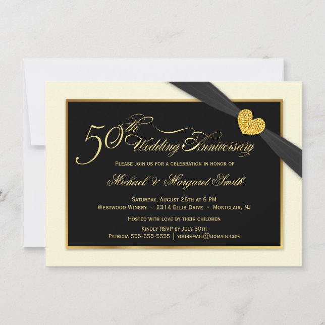 50th Wedding Anniversary Black Ribbon Invitations (Front)
