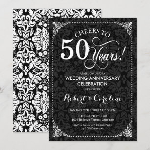 50th Wedding Anniversary - Black White Damask Invitation