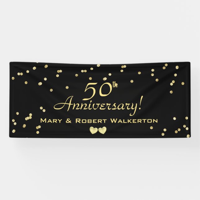50th Wedding Anniversary Black with Gold Hearts Banner (Horizontal)