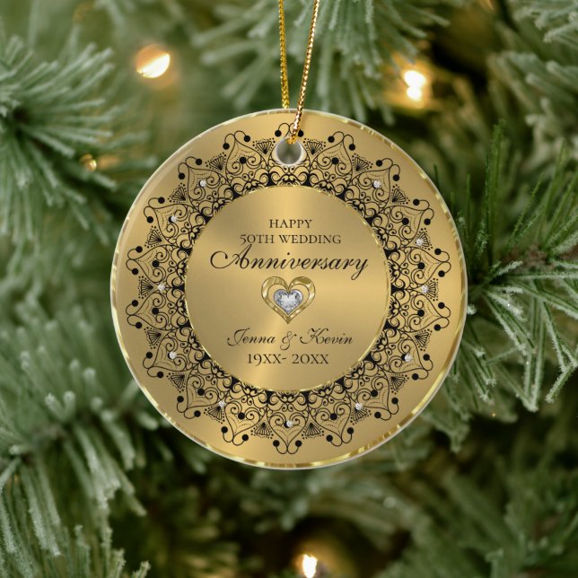 50th Wedding Anniversary BlackMandala On Gold Ceramic Tree Decoration (Tree)