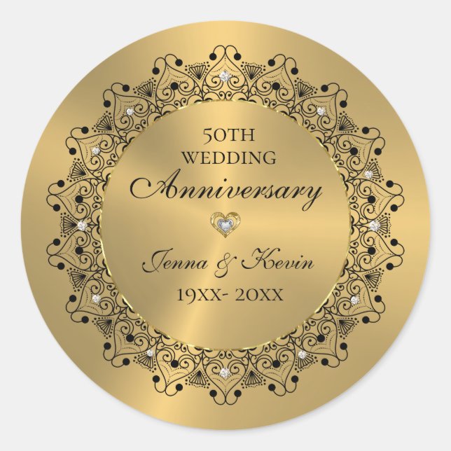 50th Wedding Anniversary BlackMandala On Gold Classic Round Sticker (Front)