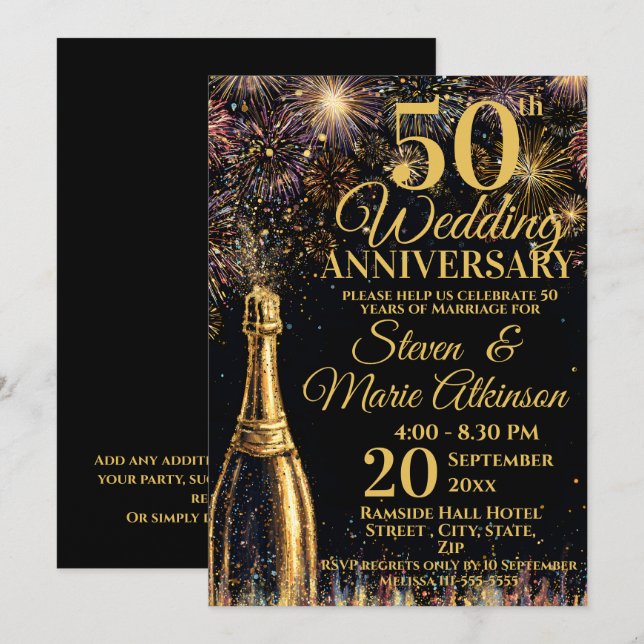 50th Wedding Anniversary Bubbly Celebration Gold Invitation (Front/Back)