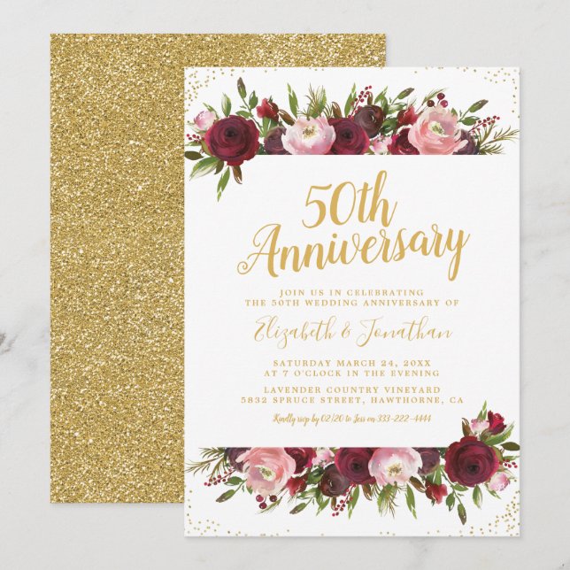 50th Wedding Anniversary Burgundy Blush Gold Invitation (Front/Back)