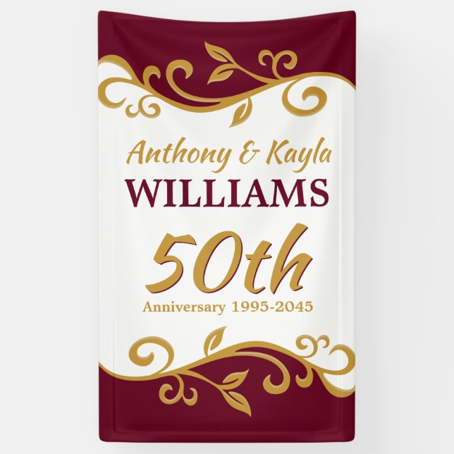 50th Wedding Anniversary Burgundy Gold Flourish Banner (Vertical)