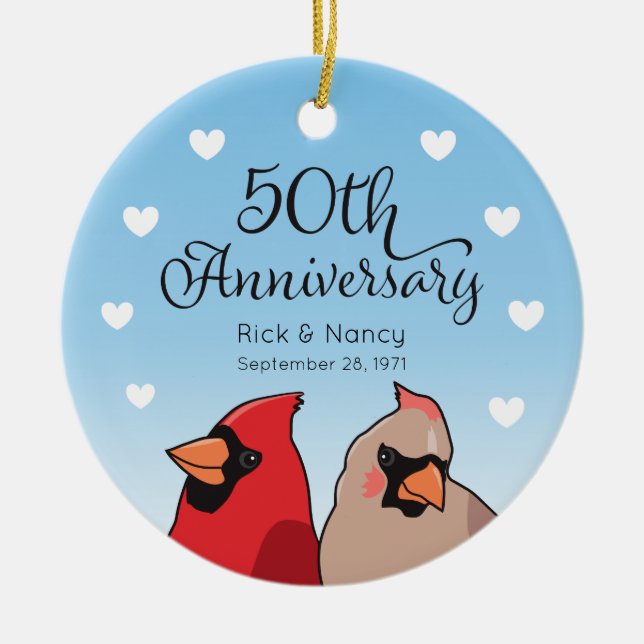 50th Wedding Anniversary, Cardinal Pair Ceramic Tree Decoration (Front)