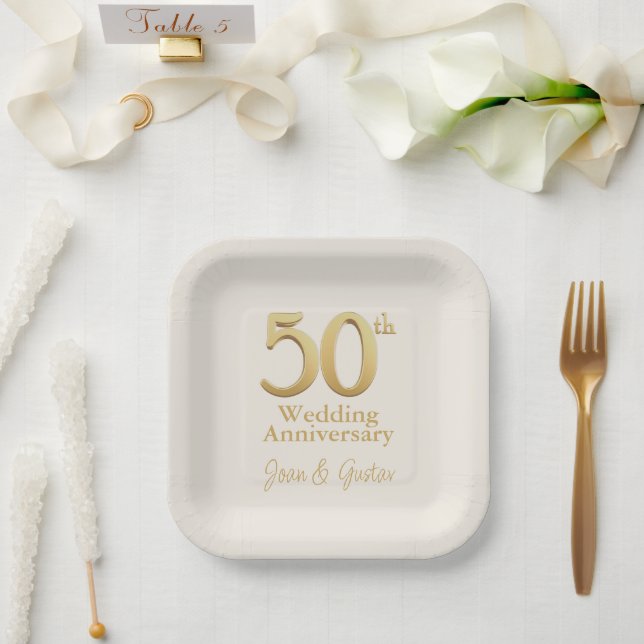 50th Wedding Anniversary Champagne White and Gold Paper Plate (Wedding)