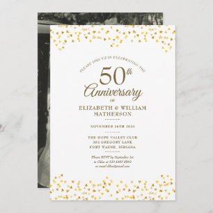 50th Wedding Anniversary Chic Gold Hearts Photo Invitation