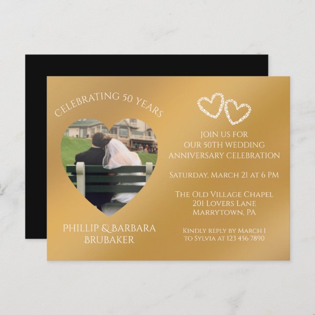 50th Wedding Anniversary Custom Photo Gold & Black Invitation Postcard (Front/Back)