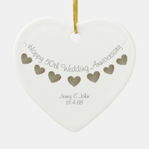 50th Wedding anniversary decoration- golden hearts Ceramic Tree Decoration