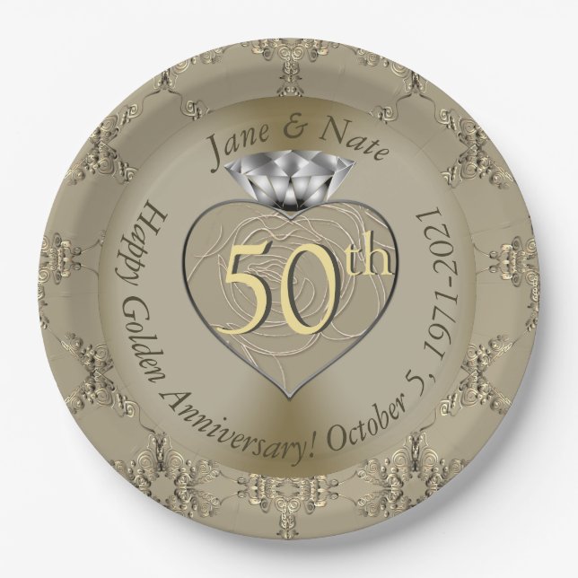 50th Wedding Anniversary Diamond Heart Butterfly Paper Plate (Front)