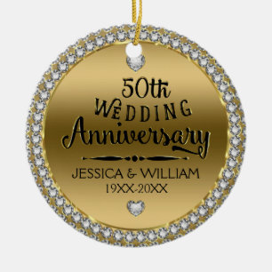 50th Wedding Anniversary Diamonds And Gold Ceramic Tree Decoration