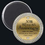 50th Wedding Anniversary Diamonds And Gold Magnet<br><div class="desc">Elegant 50th wedding anniversary with white diamonds circle,  shiny gold tones background. 50th wedding Anniversary text design in black with shiny accents. Customisable name and year of wedding.</div>