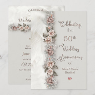 50th Wedding Anniversary Dreamy Floral Beige Rose Invitation