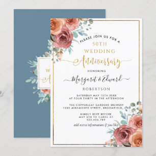 50th Wedding Anniversary, Dusty Blue Peach Floral Invitation