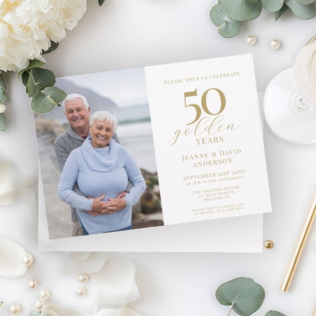 50th Wedding Anniversary Elegant 50 Gold Photo  Invitation (Creator Uploaded)