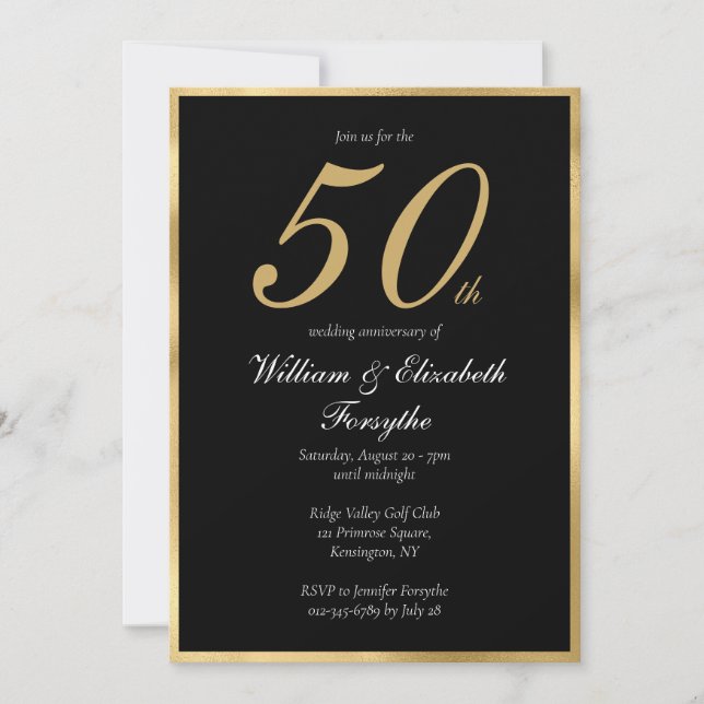 50th Wedding Anniversary Elegant Gold Black Invitation (Front)