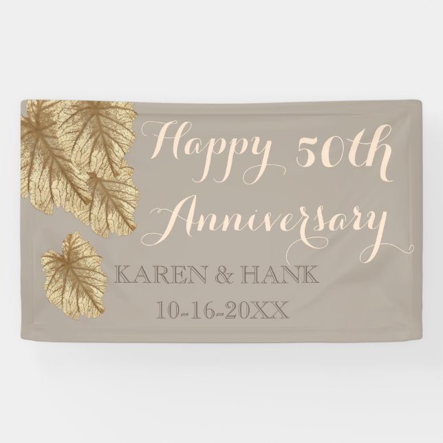 50th Wedding Anniversary Elegant Gold Leaf Beige Banner (Horizontal)