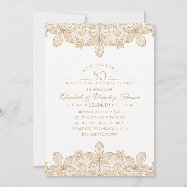 50th Wedding Anniversary Elegant Golden Look Lace Invitation (Front)
